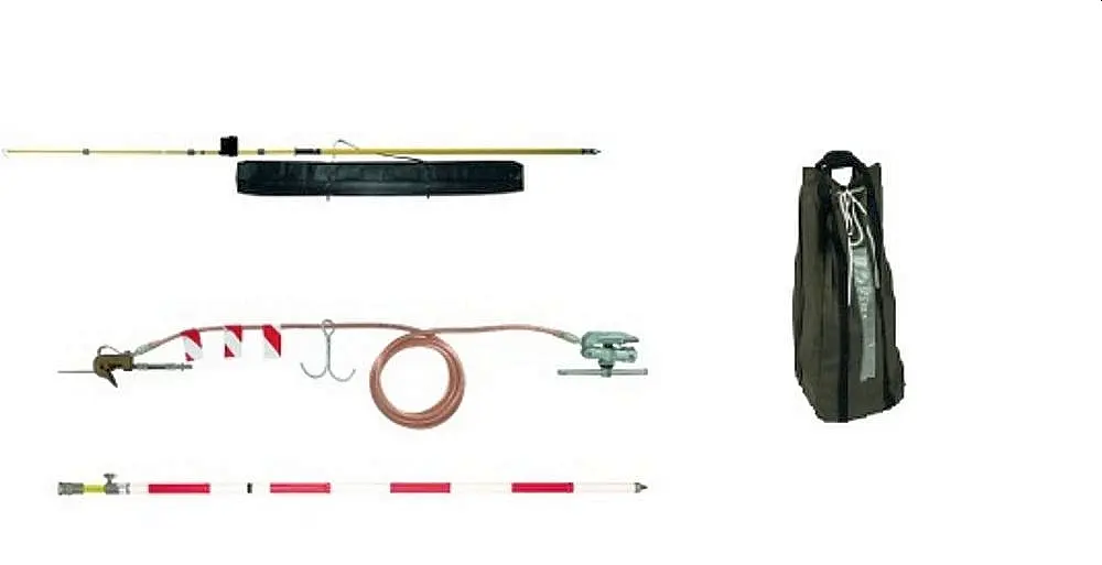 [80052] Bahnerdungsvorrichtung Teleskop 3-teilig, profilfrei - (Erdungsklemmen mit Knebel) und Kupfer-Seil